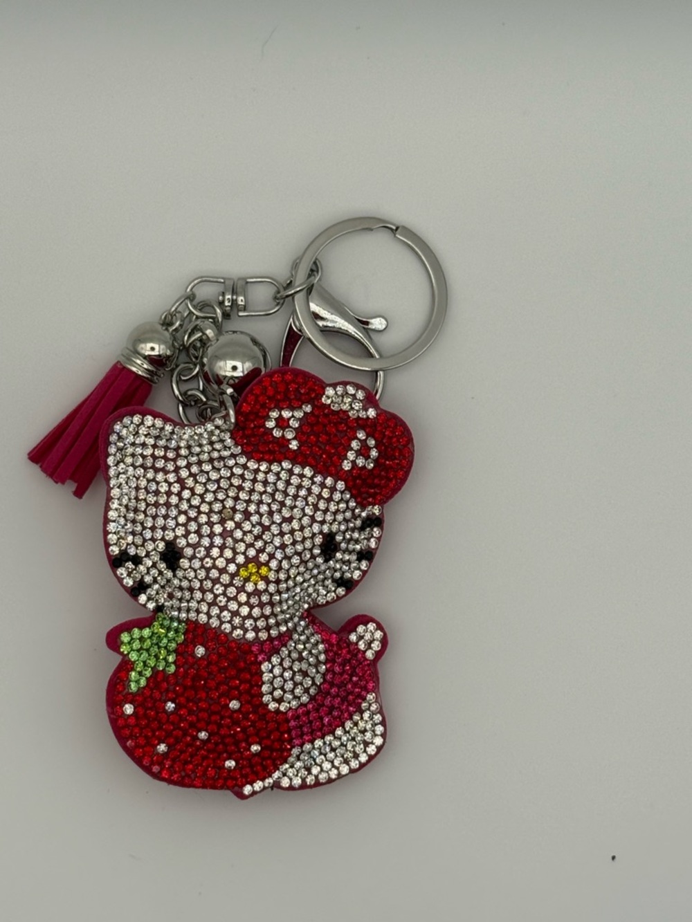 Sparkling Hello Kitty Strawberry Keychain - Red Pink Silver Purse Bling